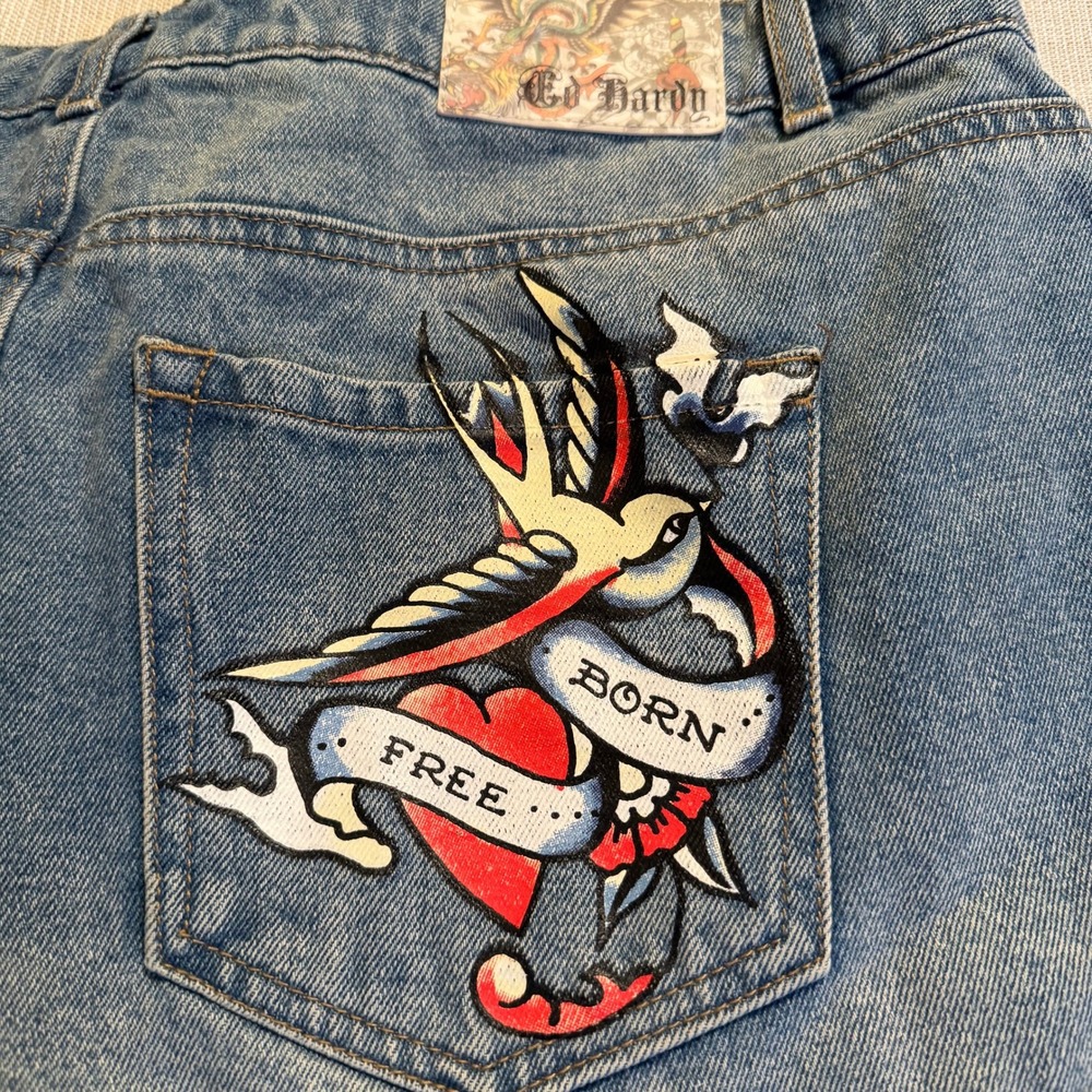 Ed Hardy Womens 32 Blue Denim Cut Off Shorts Born Free Swallow Tattoo WEHD8000-5 - Picture 2 of 8